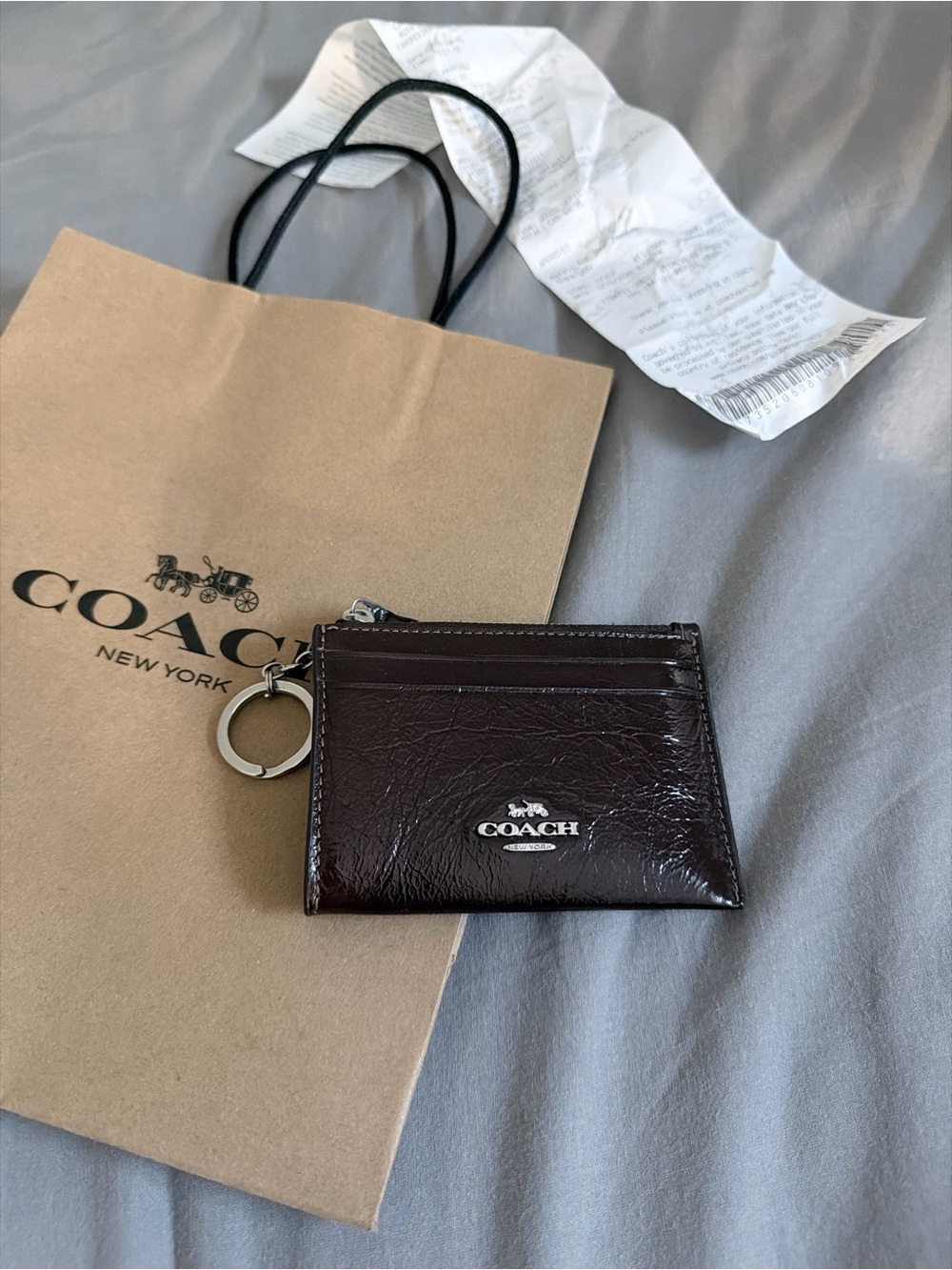 Coach Card Holder Wallet Brown Leather Card Holder with Key Ring
